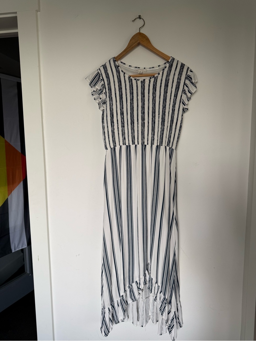 bohme White and Navy Striped Maxi Dress with Ruffle Sleeves